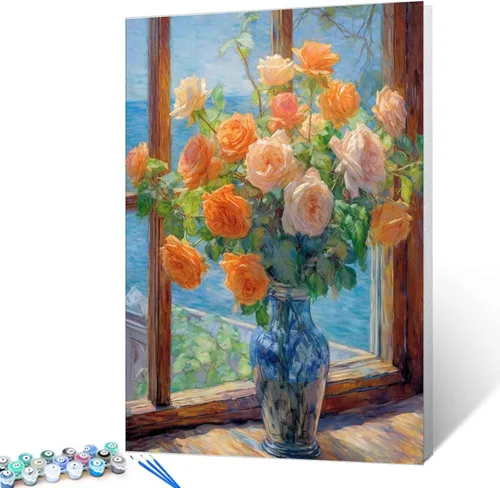 Miniatura 20 de Tucocoo Kit de pintura de lavanda por números con pinceles y pigmento acrílico sobre lienzo para adultos, diseño rústico de ventanas, arte floral