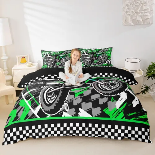 Juego de funda de edredón verde fluorescente para motocross, juego de ropa de cama para deportes extremos para niños y niñas, funda de edredón de