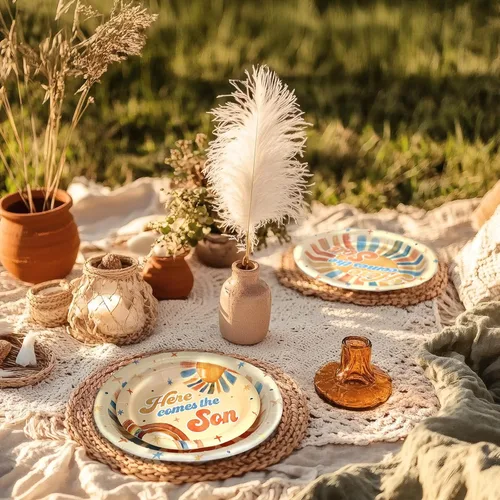 Miniatura 6 de Here Comes the Son - Suministros para baby shower para 20 invitados – Platos boho Sun y Rainbow Platos, servilletas y tenedores – Juego de vajilla