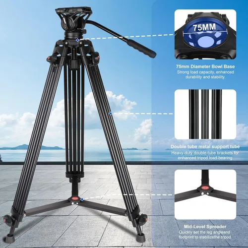 Miniatura 7 de COMAN - Trípode de video, trípode profesional resistente de 74 pulgadas con placa de liberación rápida y cabezal de fluido de 360°, soporte