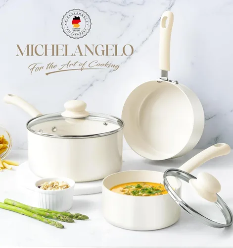 Miniatura 5 de MICHELANGELO Juego de sartenes antiadherentes, cacerola de cerámica con tapa, olla multiusos con tapa, sartenes no tóxicas, 1 cuarto de galón, blanco