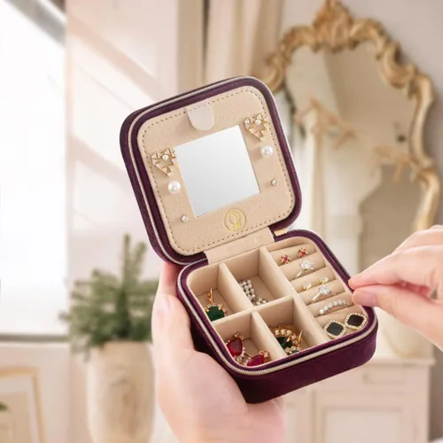 Miniatura 2 de ZPROW Joyero de viaje de terciopelo de felpa, organizador de joyas de viaje, estuche de viaje para joyas, joyero de viaje, pequeño joyero