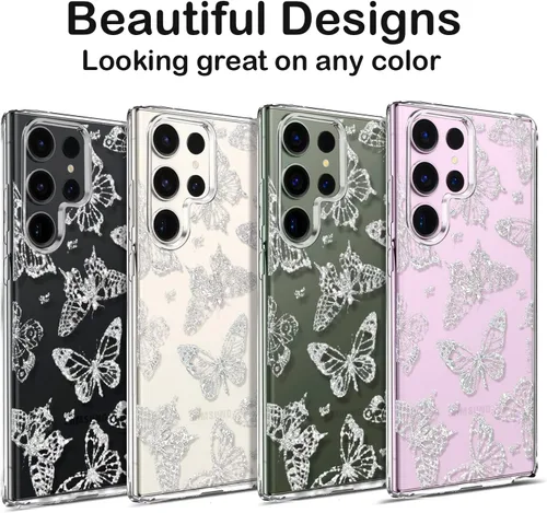 Miniatura 8 de Funda transparente con purpurina para Galaxy S23 Ultra – 6.8 pulgadas, diseño de flores, diseño de mariposa de cristal, para mujeres y niñas