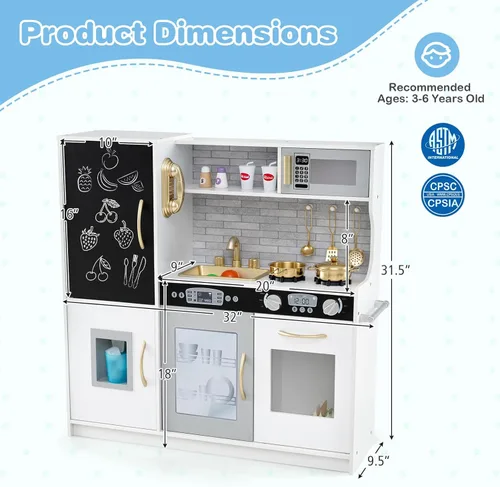 Miniatura 3 de MAT EXPERT Juego de cocina para niños, cocina de juguete de chef de madera con pizarra, máquina de hielo, accesorios de utensilios de cocina