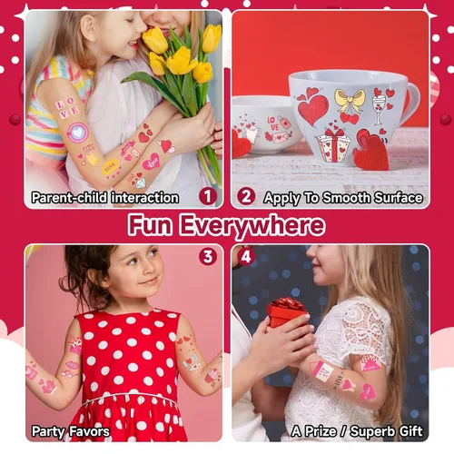 Miniatura 7 de EMOME 204 tatuajes con purpurina de San Valentín para niños, envueltos individualmente, tatuajes temporales para niñas, lindos tatuajes temporales