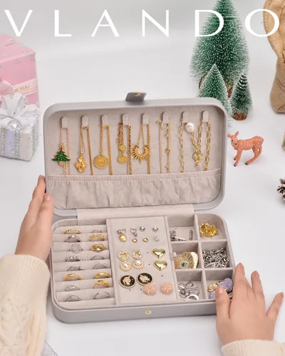 Miniatura 2 de Vlando Joyero de viaje para mujer, caja organizadora de joyas de cuero portátil para collares, aretes, anillos, pulseras, tamaño pequeño, regalos