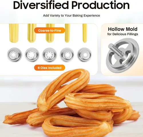 Miniatura 3 de Máquina para hacer churros comerciales de acero inoxidable de 5 L, máquina para hacer churros españoles + 6 boquillas de diferentes formas, máquina