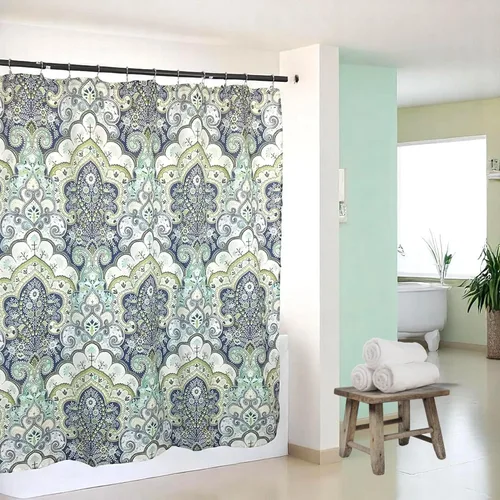 Miniatura 16 de Serafina Home Cortina de ducha bohemia, diseño floral de mandala azul marino, verde azulado, blanco, tela, 72 x 72 pulgadas, resistente a