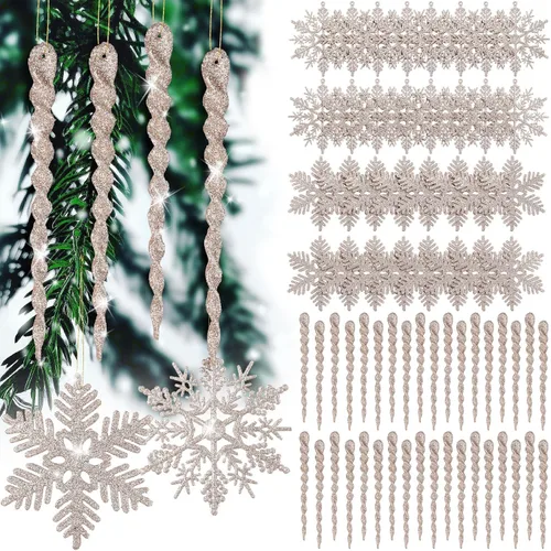 Deekin 72 piezas adornos de carámbano de copo de nieve para árbol de Navidad, carámbanos torcidos de copo de nieve con purpurina, decoraciones