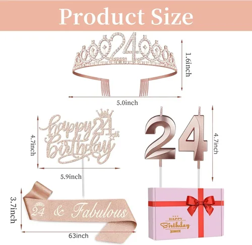 Miniatura 7 de Decoraciones de cumpleaños de 24 años para mujeres, incluyendo banda de cumpleaños, tiara/corona, velas numéricas y decoración de pastel, regalos