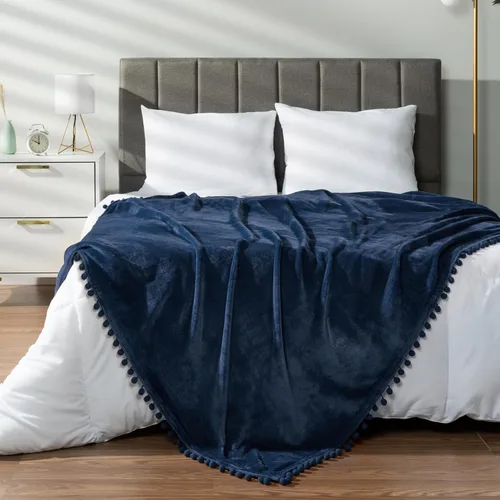 Miniatura 4 de PAVILIA Manta de forro polar para sofá con flecos de pompones, azul marino, manta de franela suave y acogedora para sofá cama, manta de felpa ligera