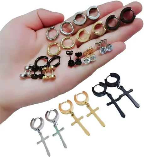 Miniatura 6 de Juego de 15 pares de aretes colgantes de acero inoxidable con bisagras, aretes tipo dormilona con circonita cúbica para hombres y mujeres, joyería