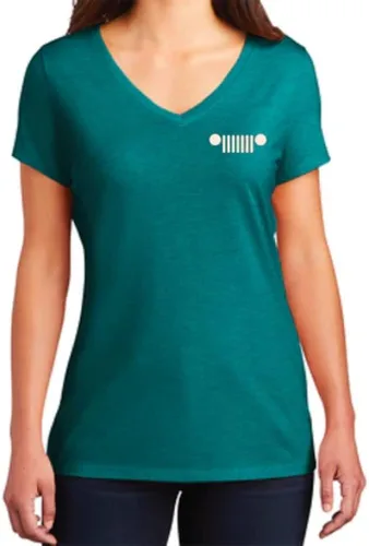 Miniatura 2 de Jeep Live Love Explore Logo Camiseta con cuello en V para mujer, color verde azulado jaspeado