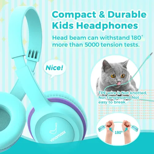 Miniatura 2 de vinamass Auriculares para niños, auriculares con cable para niños con limitador de volumen seguro, auriculares para niños con cable de 0.138 in