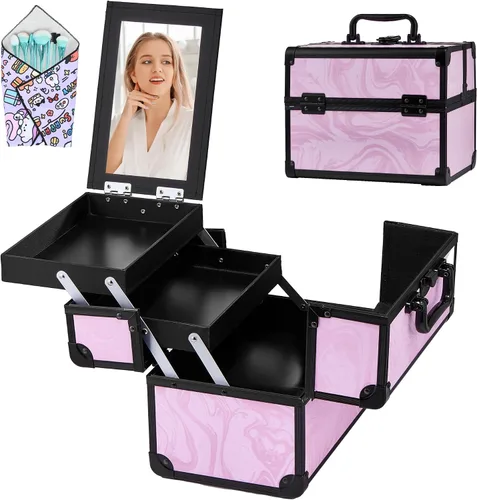 Miniatura 11 de Neceser de Tren de Maquillaje, Estuche de Maquillaje Portátil con Espejo, Organizador de Cosméticos de 2 Bandejas, Organizador de Esmalte de Uñas