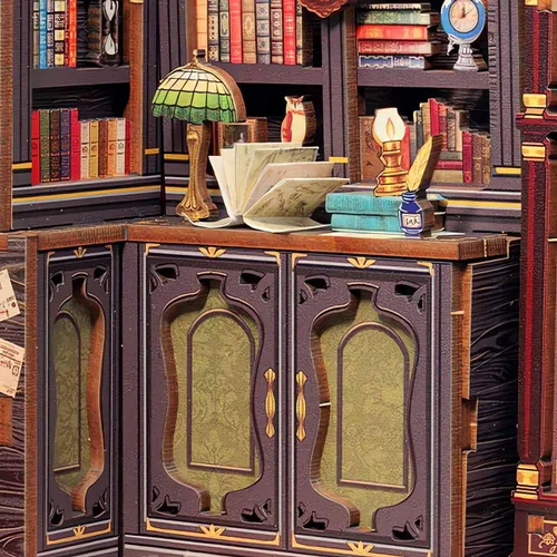 Miniatura 4 de Hands Craft Kit de bricolaje en miniatura para rincón de libros, librería de búhos, encantadora biblioteca nocturna, diseño caprichoso, encanto