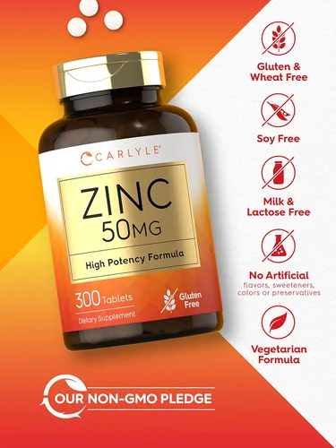 Miniatura 4 de Carlyle Zinc 50mg 300 tabletas Suplemento vegetariano, sin OMG y sin gluten Gluconato de zinc Fórmula de alta potencia