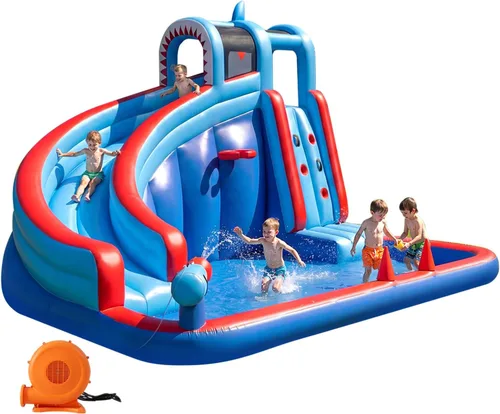 Miniatura 9 de Tobogán acuático inflable para patio trasero de niños con soplador de 450 W, castillo de salto con tobogán de agua, parque acuático para actividades