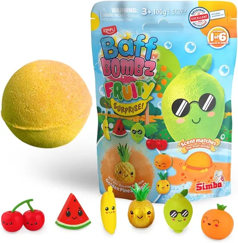 Zimpli Kids Bomba de Baño Grande con Sorpresa Frutal, 1 de 6 Juguetes Frutales Sorpresa para Coleccionar, Una por Bomba de Baño, Dinero de Bolsillo,