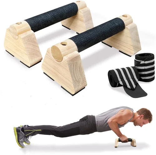 Barras paraletas, barras de madera con muñequeras para hombres y mujeres, barras de entrenamiento de pie de mano para gimnasio en casa, equipo de