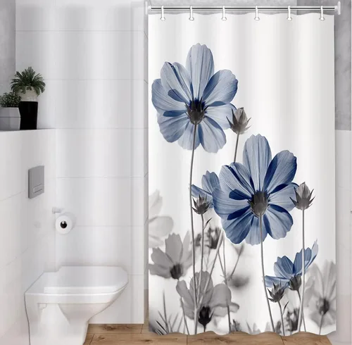 Miniatura 3 de MERCHR Cortina única floral azul para decoración de baño, cortina de ducha estilo granja con flores de margarita azul y gris elegantes y diseño