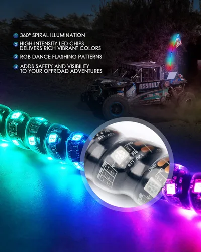 Miniatura 3 de Xprite Luces LED de Látigo Espiral de 91 cm RGB, Luces de Látigo Bailarinas de 360° con Cambio de Colores con Control Remoto y Bandera para Jeep