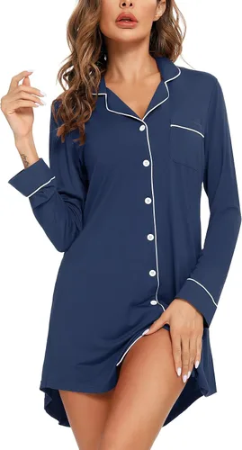 Miniatura 15 de Samring Camisón de pijama para mujer, manga corta/larga, con botones, camisón para dormir, camisón para novio, talla XXL