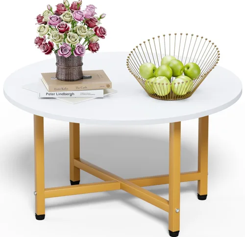 Miniatura 18 de Mesa de Café FAMIDGE, Mesas de Café de 23.6" para Sala de Estar, Mesa de Café Redonda con Marco de Metal, Mesa de Piso para Sentarse en el Suelo