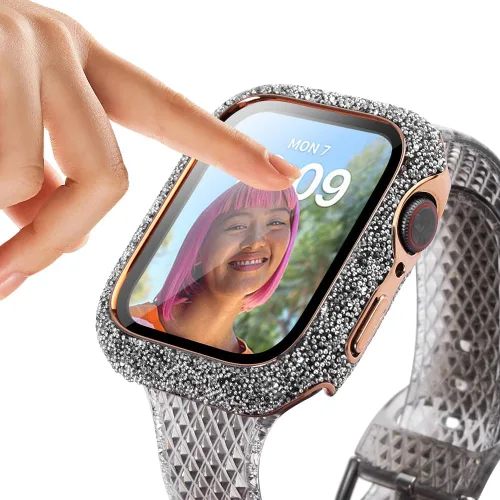 Miniatura 2 de Funda protectora brillante compatible con Apple Watch de 40/44/41/1.772 in, con diamantes de imitación para iWatch SE/Series 9/8/7/6/5/4