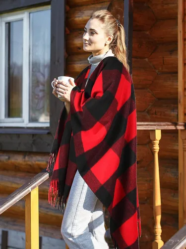 Miniatura 6 de Woven Knit Buffalo Plaid Poncho Blanket Sweater Poncho Ruana Wrap Shawl Warm for Women