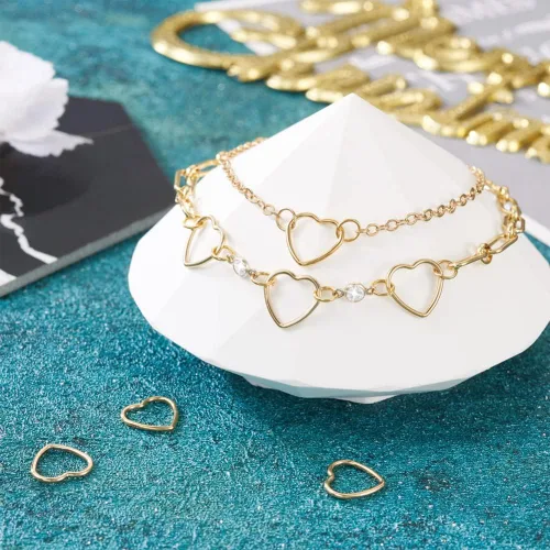 Miniatura 2 de Mega Pet 5 anillos de latón en forma de corazón, chapados en oro de 14 quilates, dije de latón de corazón hueco de San Valentín, dijes colgantes