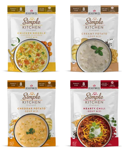 READYWISE - Cocina simple, favoritos de sopa, paquete variado, 8 porciones por bolsa, mezcla de sopa, tamaño familiar, MRE, alimentos liofilizados,