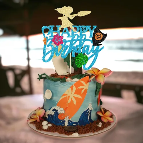 Miniatura 6 de Gyufise 1 pieza de decoración para pastel de cumpleaños Moana con purpurina de hoja de palma, flor de moana para pastel tropical hawaiano Luau, baby