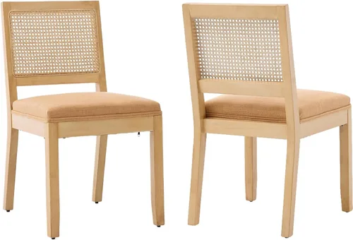 Miniatura 38 de Juego de 2 sillas de comedor de campo francés, sillas de comedor de madera de granja beige, silla de comedor con respaldo tejido con cojín tapizado