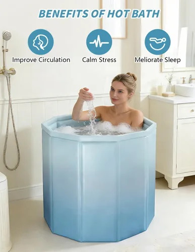 Miniatura 5 de Bañera portátil para adultos, bañera plegable independiente para ducha, bañera de hielo caliente con espuma térmica gruesa para mantener la Azul