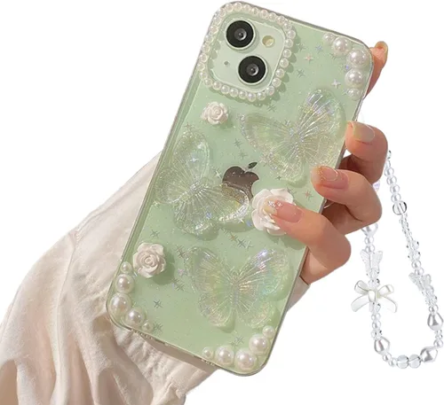 Funda compatible con iPhone 13 Mini 3D, diseño floral de mariposa, transparente con diseño estético, fundas protectoras con purpurina y cristales