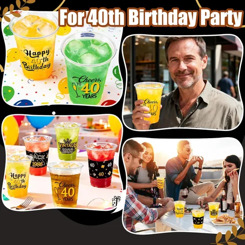 Miniatura 3 de 50 Piezas Vasos de Plástico para Fiesta de Cumpleaños 40 a Granel, 16 Oz Vasos de Beber Desechables de Plástico Transparente Negro Dorado