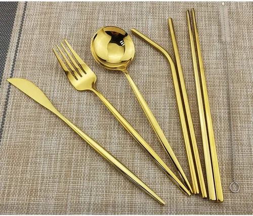 Miniatura 4 de 8 utensilios reutilizables con funda, utensilios de almuerzo de oficina, juego de cubiertos portátiles dorados de acero inoxidable con bolsa