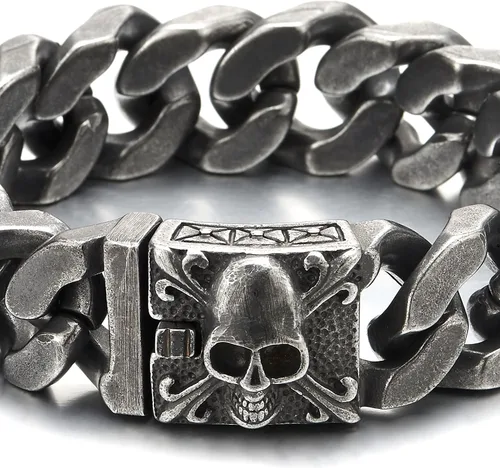 Miniatura 2 de COOLSTEELANDBEYOND Pulsera de cadena de acero cepillado vintage grande para hombre con flor de lis y calavera