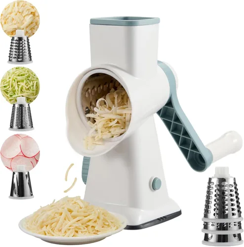 Miniatura 9 de Rallador rotativo de queso, manivela de mano, trituradora de queso de 5 cuchillas, succión más fuerte, fácil de limpiar para frutas, verduras, Blanco