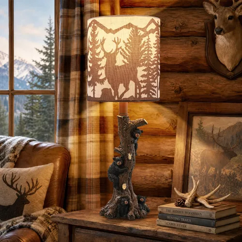 LOKHOM Lámpara de mesa rústica con oso de escalada para dormitorio, lámpara de mesa de noche pequeña de 19 pulgadas con pantalla de bosque de osos,