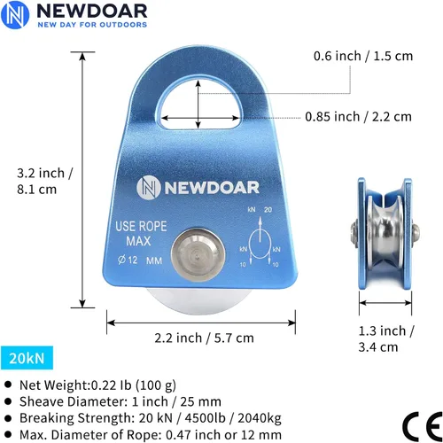 Miniatura 2 de NewDoar Micro Mobile Single Polea, 20kN (4500 lb) Max Rope 1/2 in para aparejos arboristas escalada rescate, certificado CE
