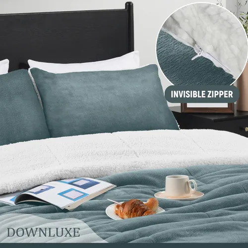 Miniatura 4 de downluxe Juego de edredón ultrasuave de micromink Sherpa Queen con 2 fundas de almohada - Juego de 3 piezas - Cypress - Manta y juegos de edredón