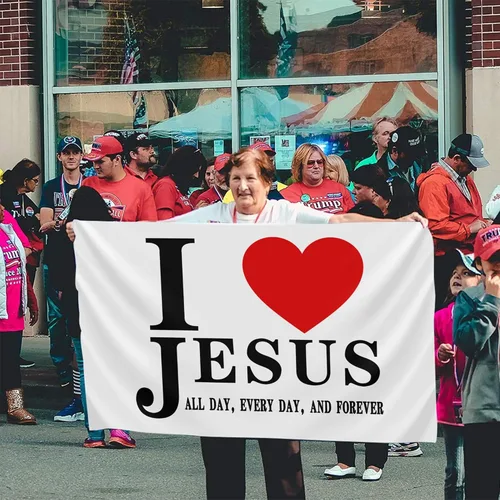 Miniatura 7 de Bandera de Jesús con texto en inglés "I Love Jesus", bandera cristiana de fe sobre el miedo de Jesús, 3 x 5 pulgadas, para exteriores, doble cara
