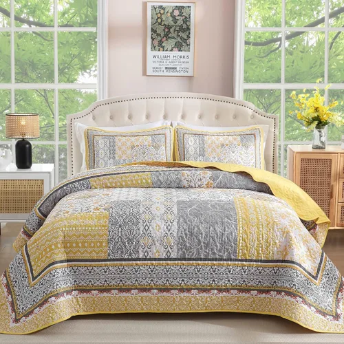 Miniatura 12 de WONGS BEDDING Juego de edredón bohemio tamaño matrimonial, juego de colcha de retazos beige de 3 piezas, juego de ropa de cama de microfibra suave