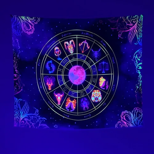 Tapiz de luz negra del zodiaco – Reactivo UV que brilla en la oscuridad constelación brujería colgante de pared para dormitorio
