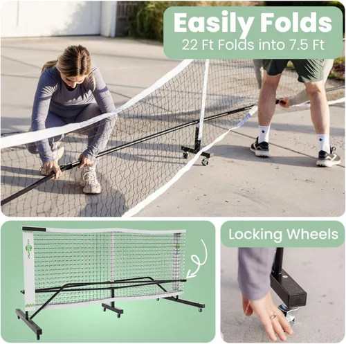 Miniatura 2 de Juego de pickleball plegable con red, con ruedas, paletas, bolas y marcadores, fácil almacenamiento con red de bola plegable portátil