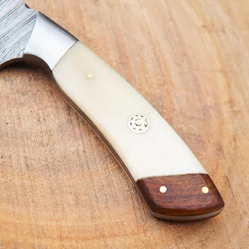 Miniatura 8 de Cuchillo de caza de Damasco hecho a mano de 8.25 pulgadas - Cuchillos de hoja fija con mango de hueso y funda de cuero - Cuchillo personalizado
