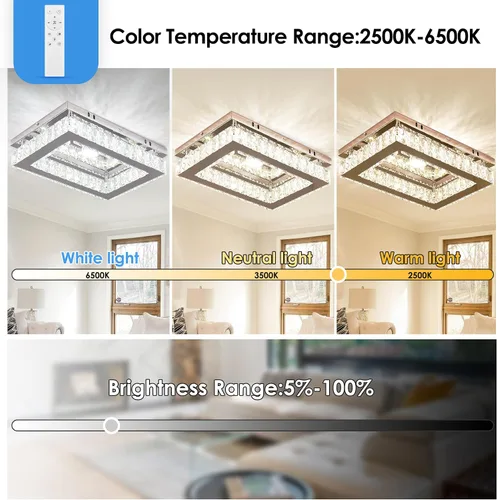 Miniatura 5 de Finktonglan Lámpara de Techo LED de Cristal Empotrada Moderna, Candelabro Rectangular de Cristal K9 y Acero Inoxidable, 20W Regulable con Control