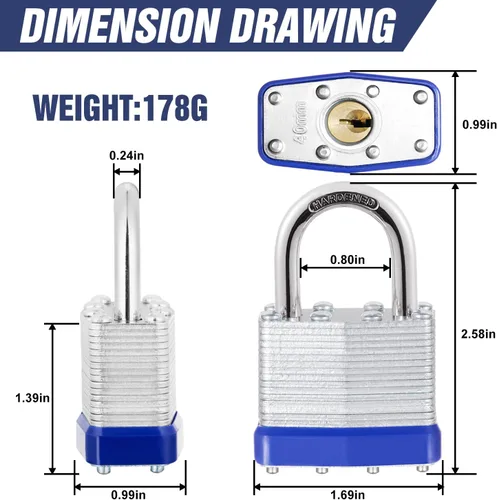 Miniatura 5 de 6 candados con las mismas llaves, acero laminado (1-9/16 pulgadas, 1.575 in), grillete normal para cobertizos, puertas, vallas, caja